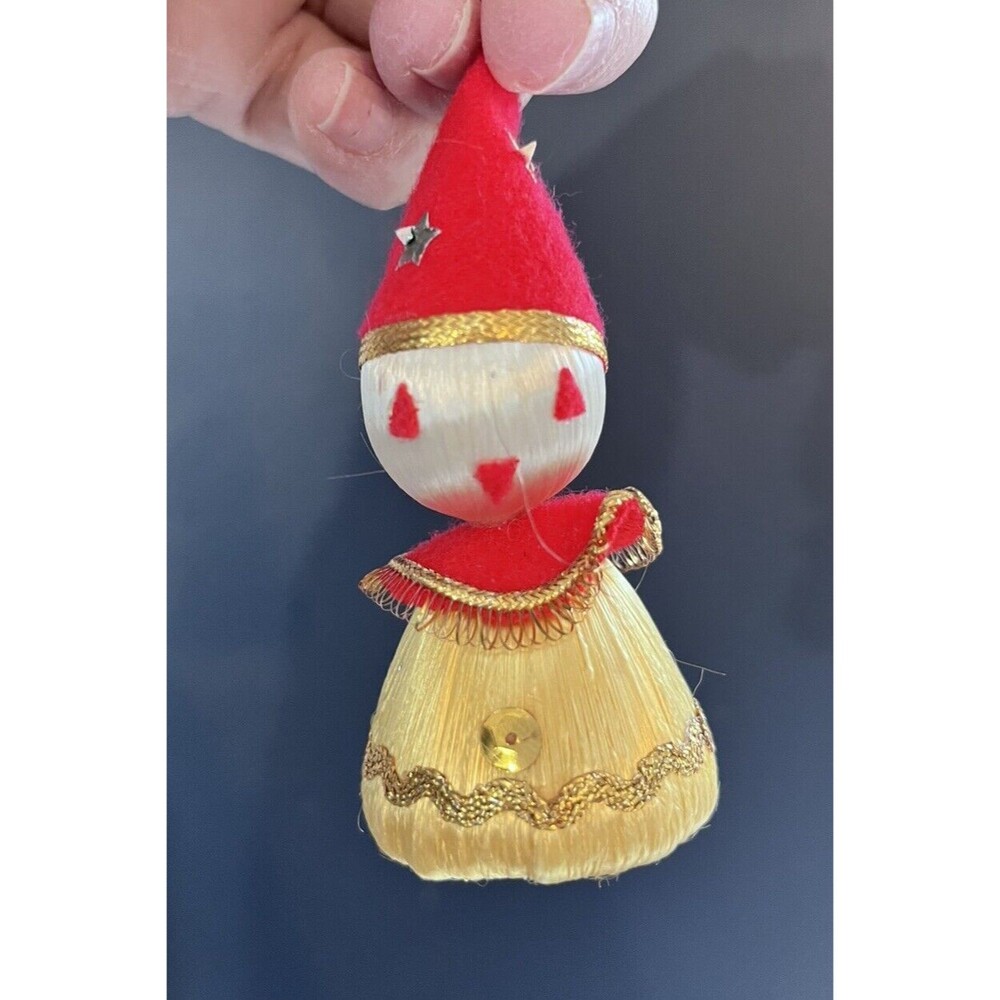 Vtg Handmade Clown Christmas Holiday Ornament Cap Stars Thread Homemade 70s